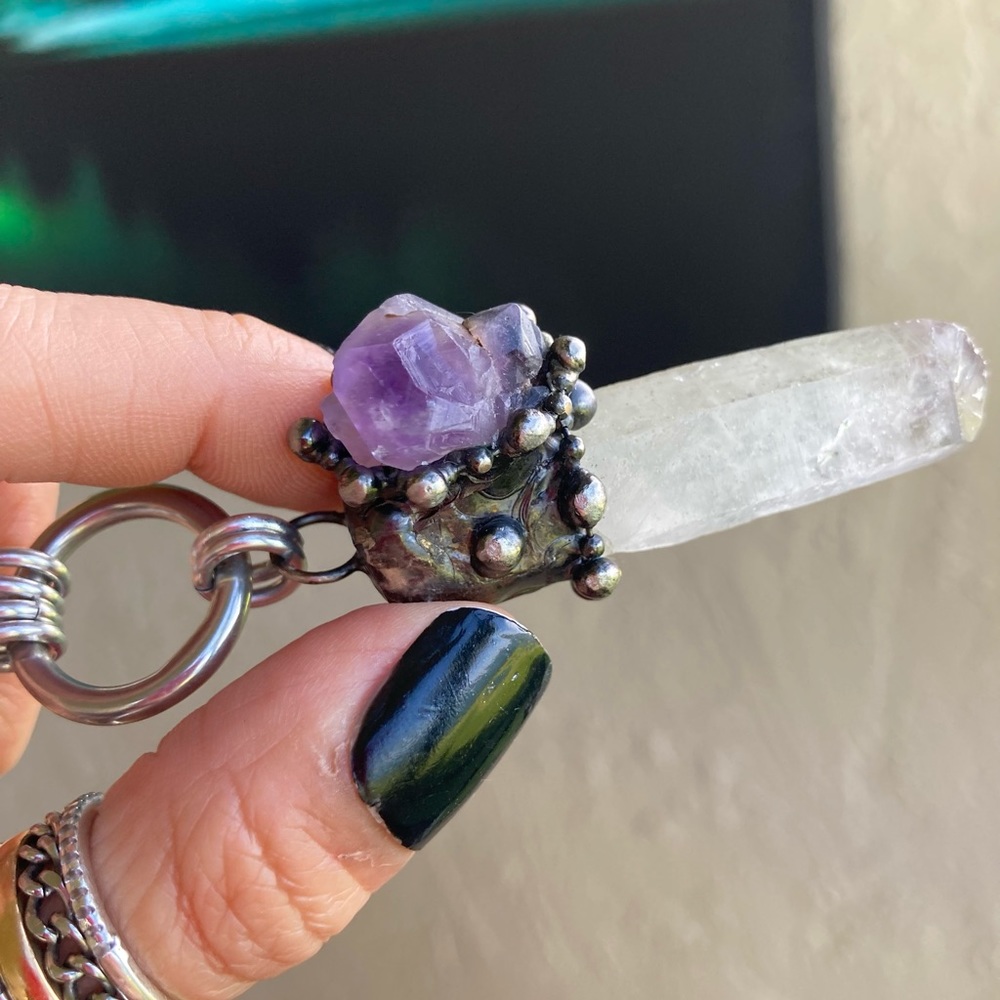 Natural raw purple amethyst &  crystal quartz gemstone boho charm necklace - Picture 12 of 16